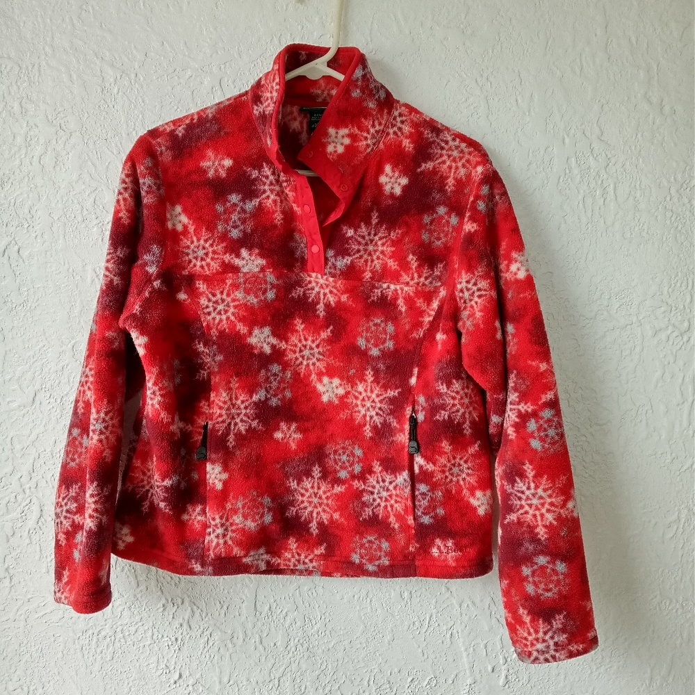 LL Bean Fleece Pullover Size Medium Red x Grey Snowflake ❄️ Print Kangaroo Pouch